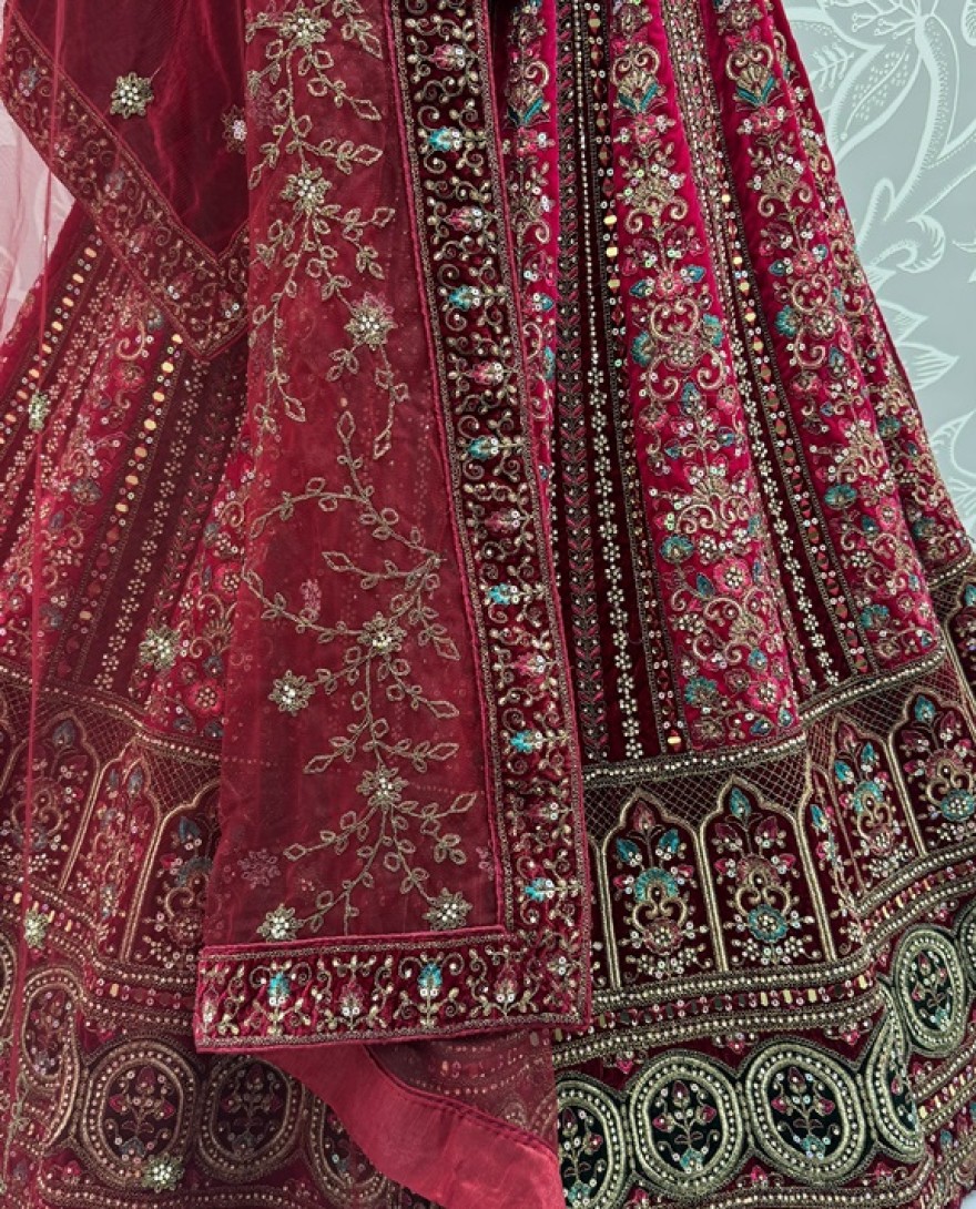 2875-A - Very-Well Detailed Red Hand Mirror Crafted with Various Embroidery and Doubke dupatta combine Bridal Lehenga Choli